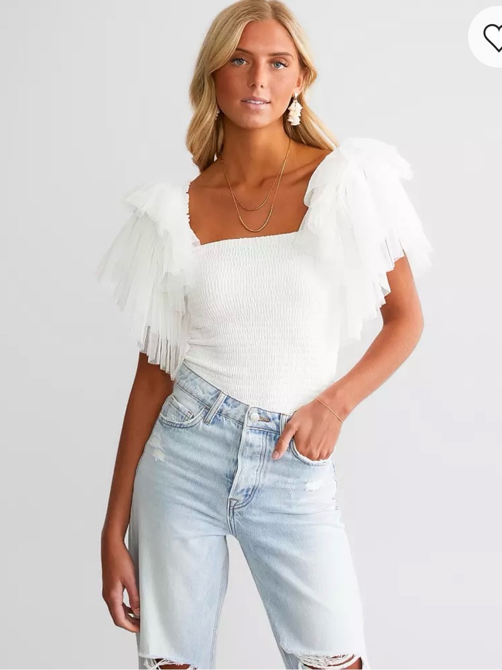 Women's Vervet White Ruffled Sleeve Smocked Top